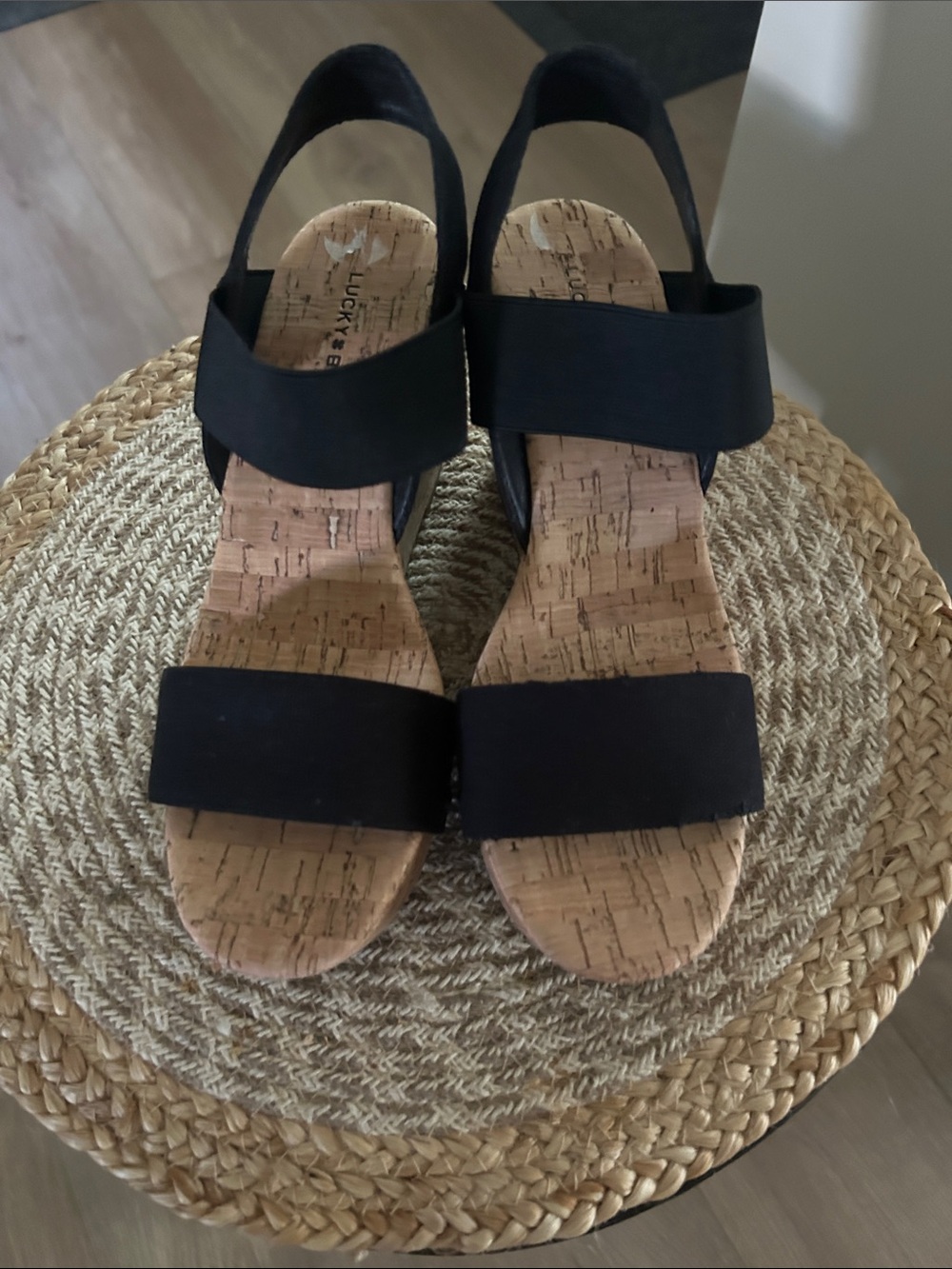 Lucky Brand Black Cork Wedge Sandals